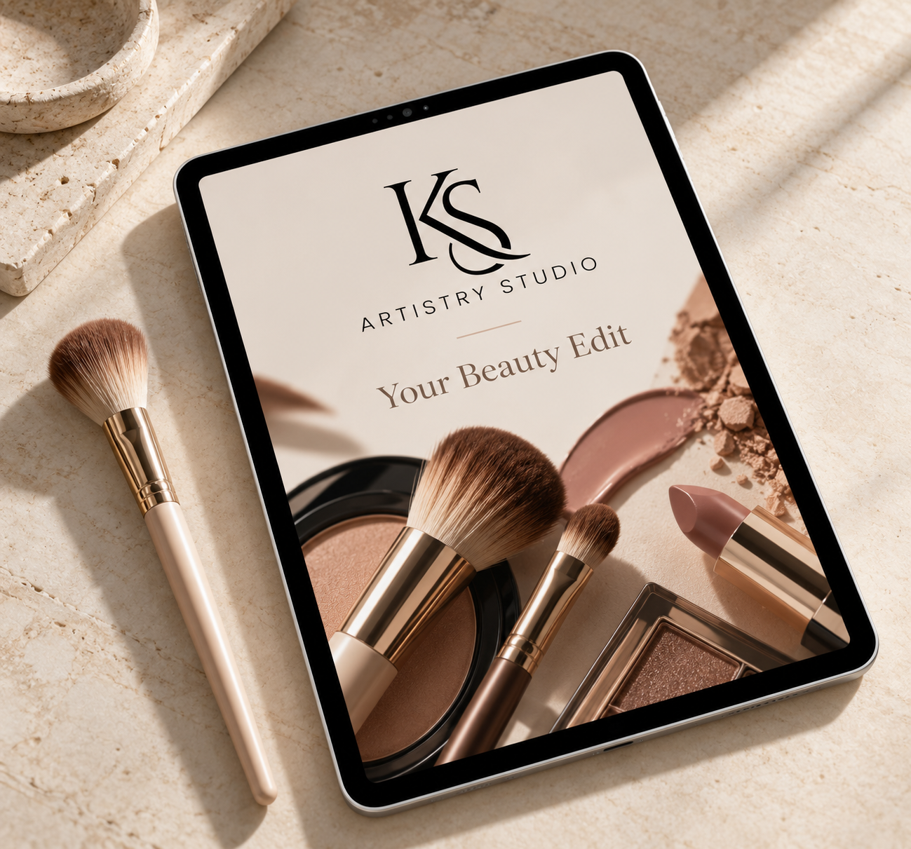 Concept image of a KS Artistry Studio beauty guide displayed on a tablet